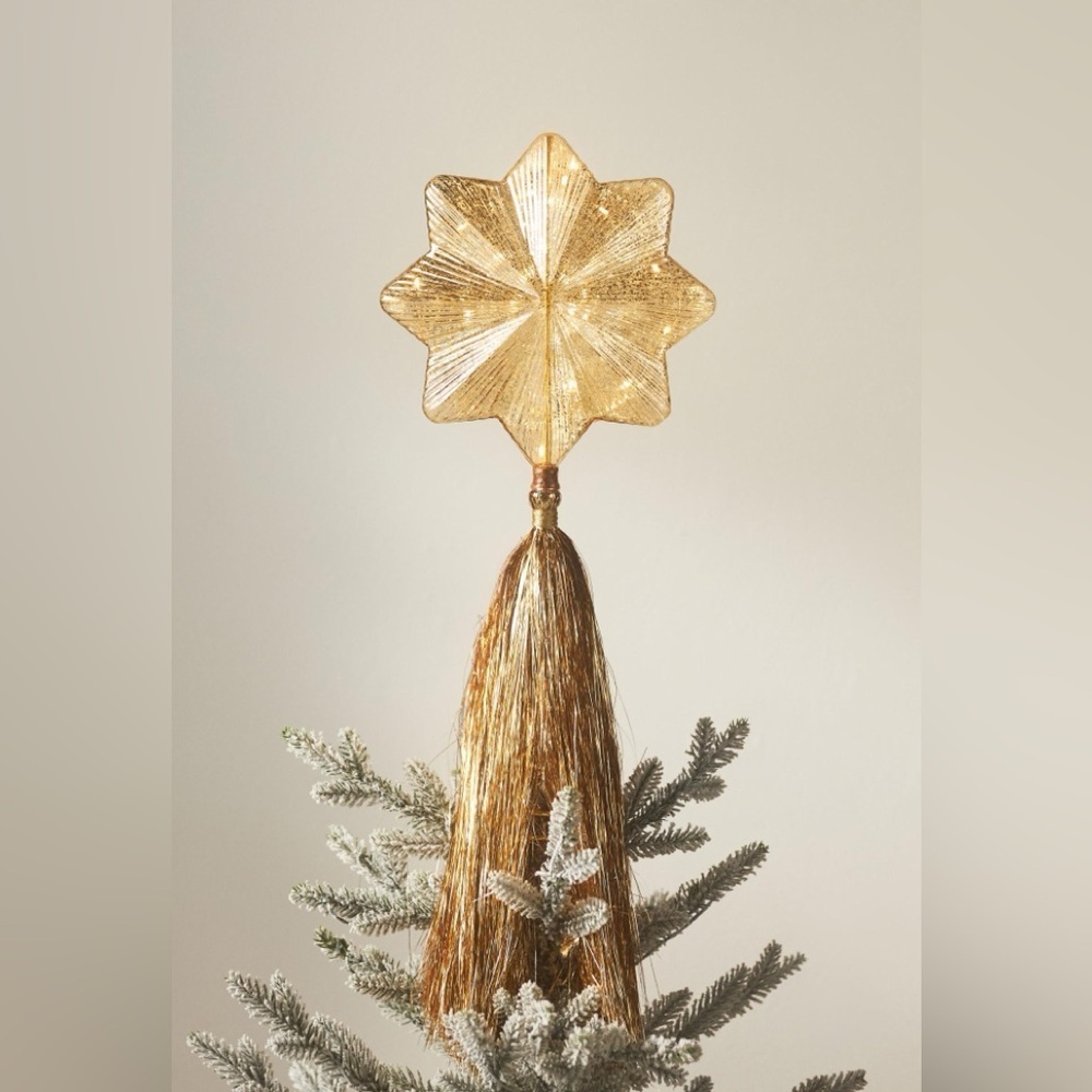 Anthropologie Light-Up Shooting Glass Gold Star Tinsel Tree Topper NWT